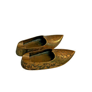 Vintage Brass Mini Dutch Shoe Style Clogs Pair Decorative Figurine Engrav